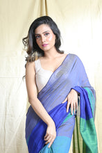 Load image into Gallery viewer, Azure Blue Blended Cotton Handwoven Soft Saree With Multicolor Woven
