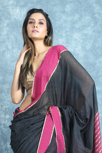 Load image into Gallery viewer, Black Handloom Saree With Zari Stripes Pallu

