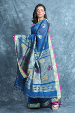 Load image into Gallery viewer, Shaphair Blue Linen Handwoven Soft Saree With Zari Work

