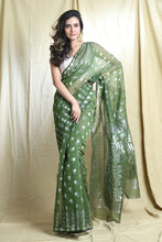 Load image into Gallery viewer, Light Green Silk Cotton Handwoven Soft Saree With Allover Copper Zari Weaving
