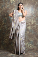 Load image into Gallery viewer, Grey Blended Silk Handwoven Soft Saree With Allover Zari Box Design
