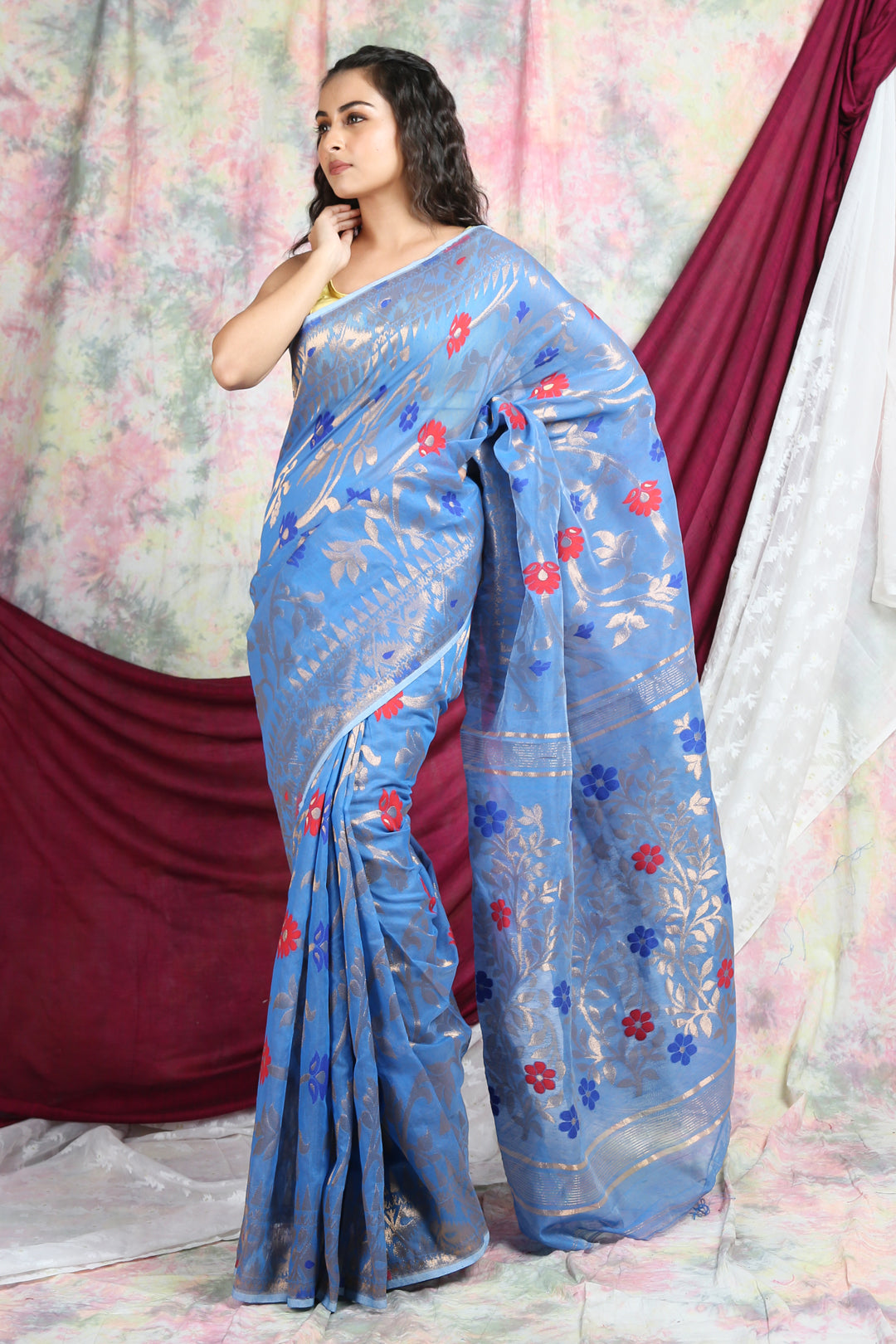 Sky Blue Jamdani Saree Allover Zari Weaving