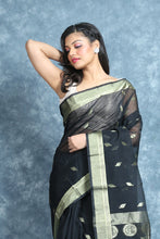 Load image into Gallery viewer, Black Silk Cotton Handwoven Soft Saree With Zari Work
