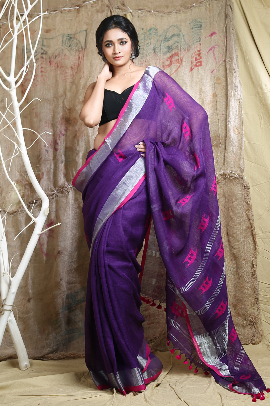 Purple Linen Handwoven Soft Saree With Allover Weaving