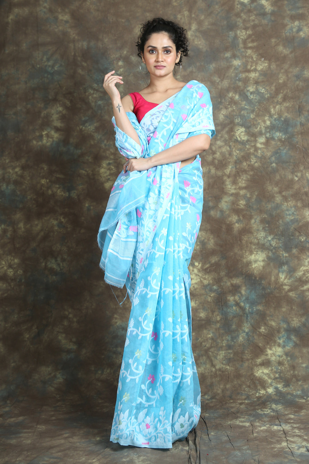 Floral Weaving Sky Blue Jamdani Saree