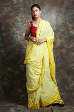 Load image into Gallery viewer, Yellow Cotton Handwoven Soft Saree With Stripes Pallu
