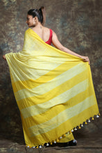 Load image into Gallery viewer, Yellow Cotton Handwoven Soft Saree With Stripes Pallu
