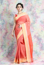 Load image into Gallery viewer, Orange Cotton Tant Saree With Stripes Design
