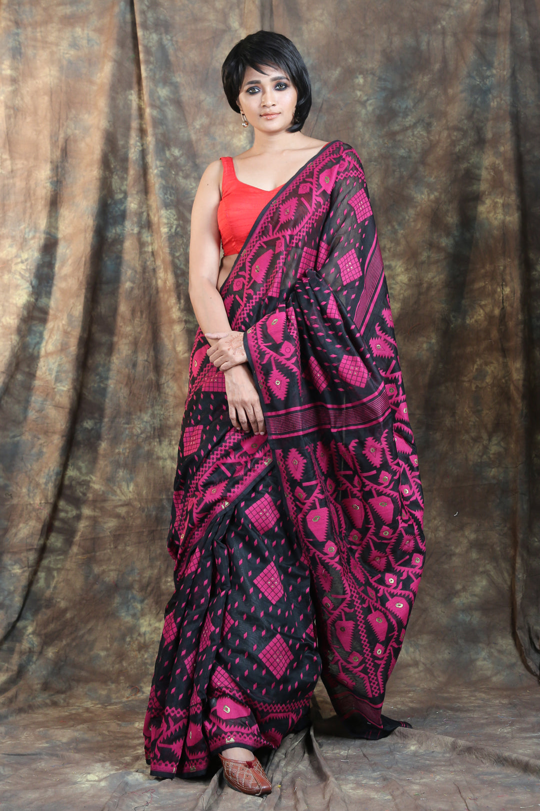 Jamdani Cotton Silk Saree in Black : SPN6578
