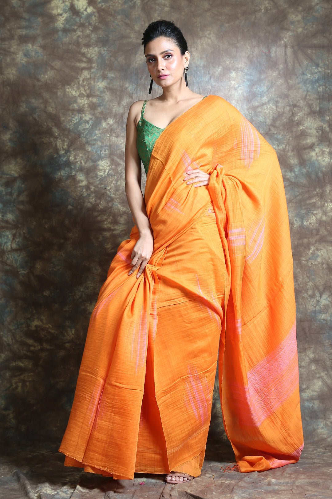 Orange Cotton Handwoven Soft Saree With Stripes Pallu
