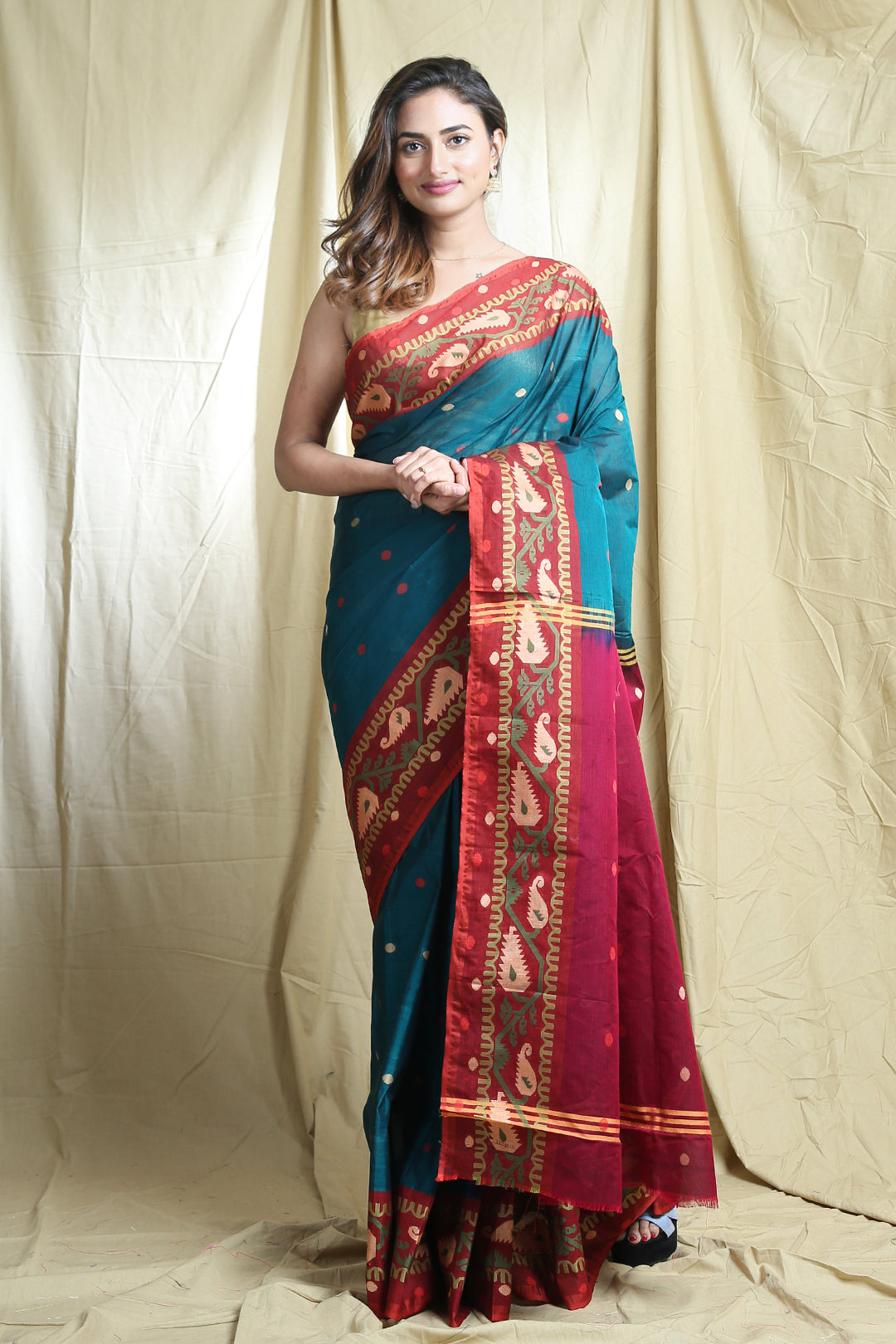 Teal Blended Cotton Handwoven Soft Saree With Allover Butta