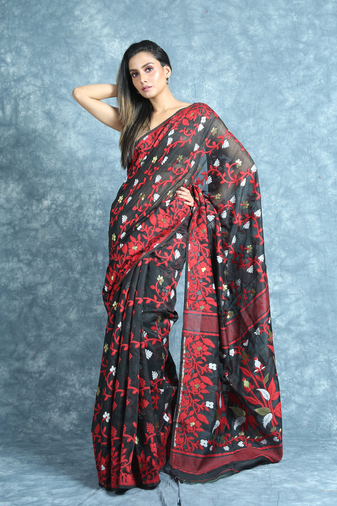 Floral Weaving Black Jamdani Saree
