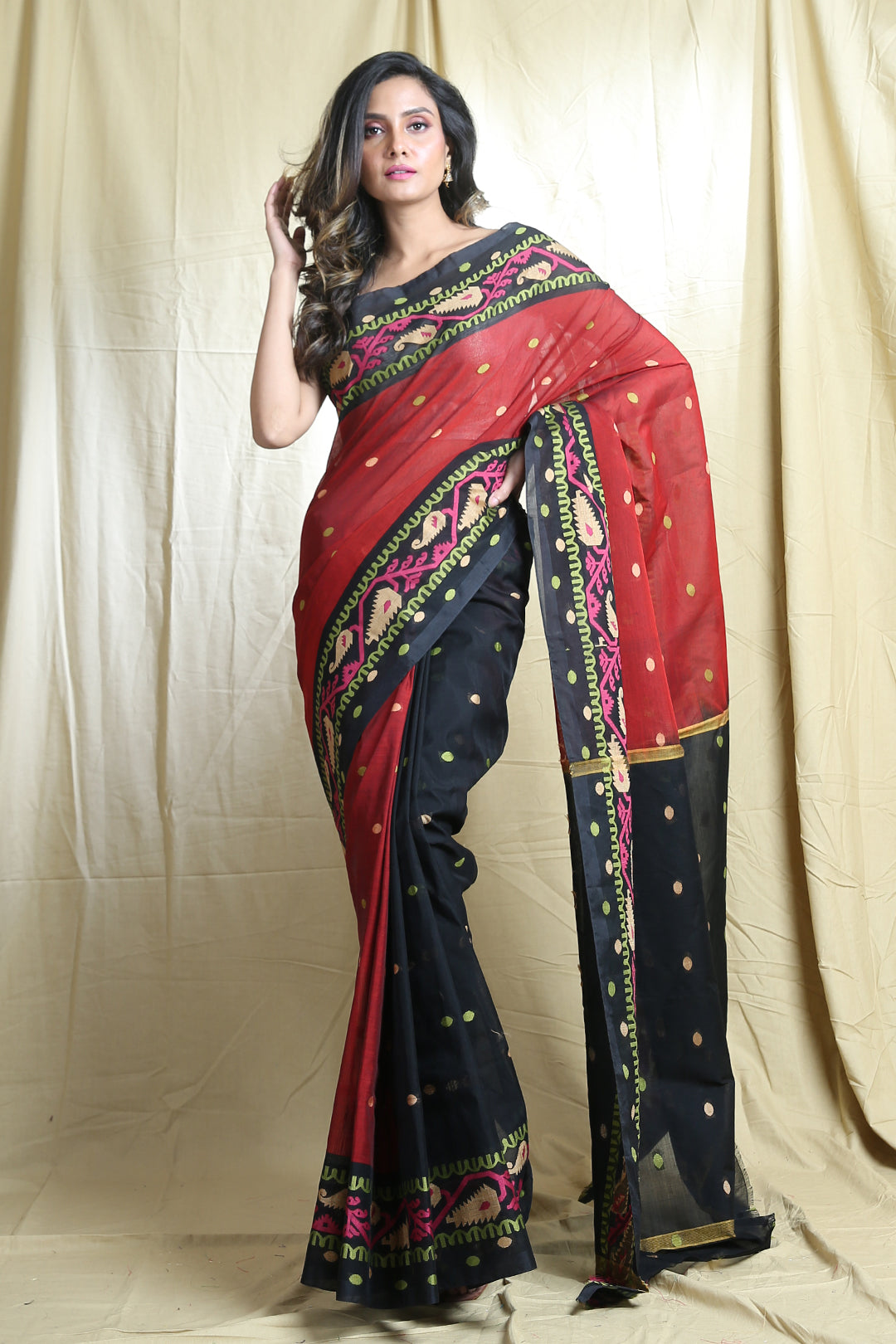 Red Blended Cotton Handwoven Soft Saree With Allover Butta