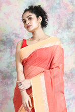 Load image into Gallery viewer, Orange Cotton Tant Saree With Stripes Design
