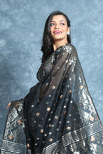 Load image into Gallery viewer, Black Silk Cotton Handwoven Soft Saree With Zari Work
