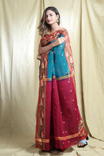 Load image into Gallery viewer, Teal Blended Cotton Handwoven Soft Saree With Allover Butta
