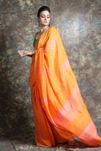 Load image into Gallery viewer, Orange Cotton Handwoven Soft Saree With Stripes Pallu
