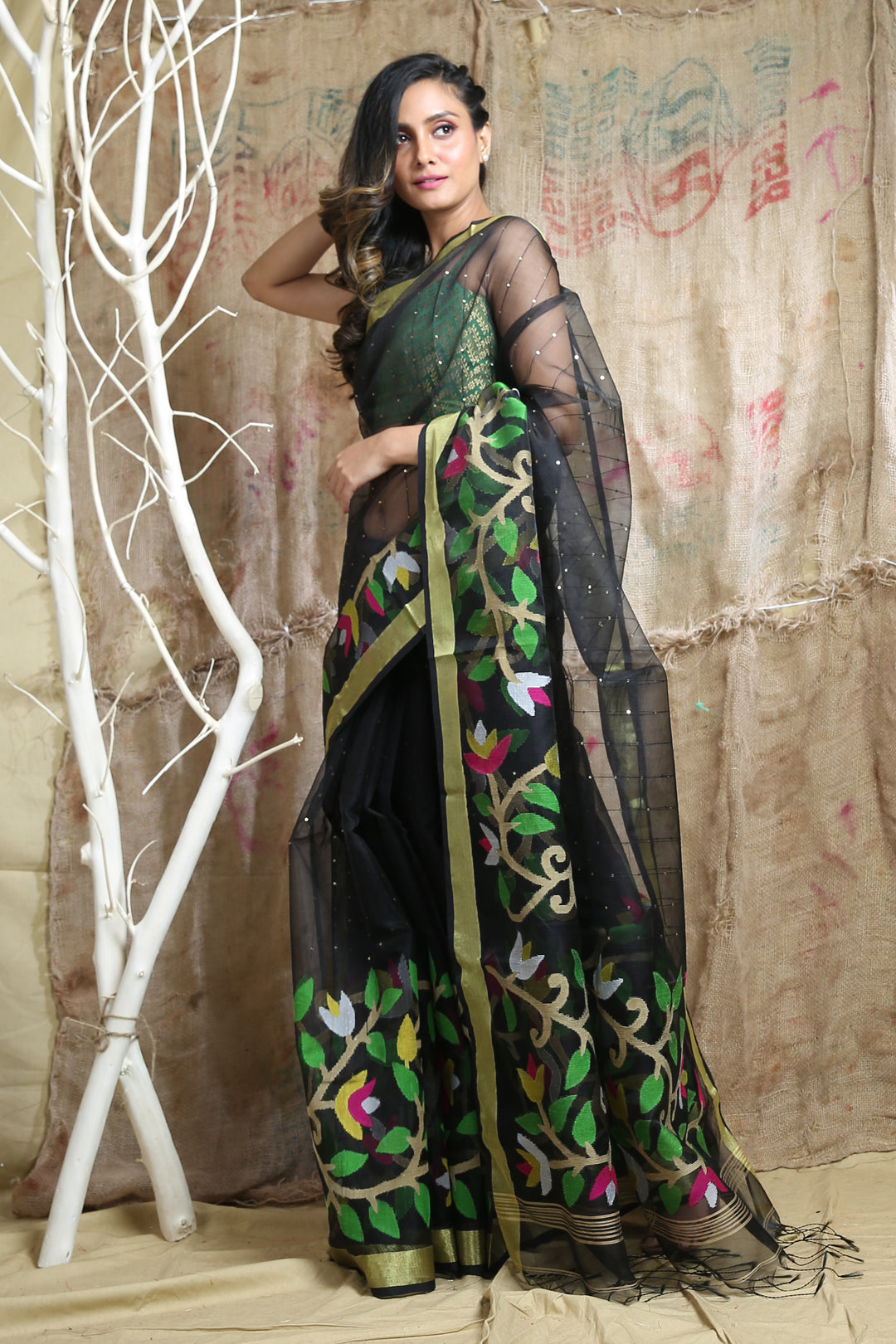 Black Muslin Handwoven Soft Saree With Sequen Work & Zari Border
