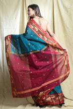 Load image into Gallery viewer, Teal Blended Cotton Handwoven Soft Saree With Allover Butta

