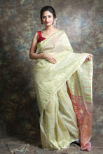 Load image into Gallery viewer, Olive Green Silk Cotton Handwoven Soft Saree With Allover Copper Zari Weaving
