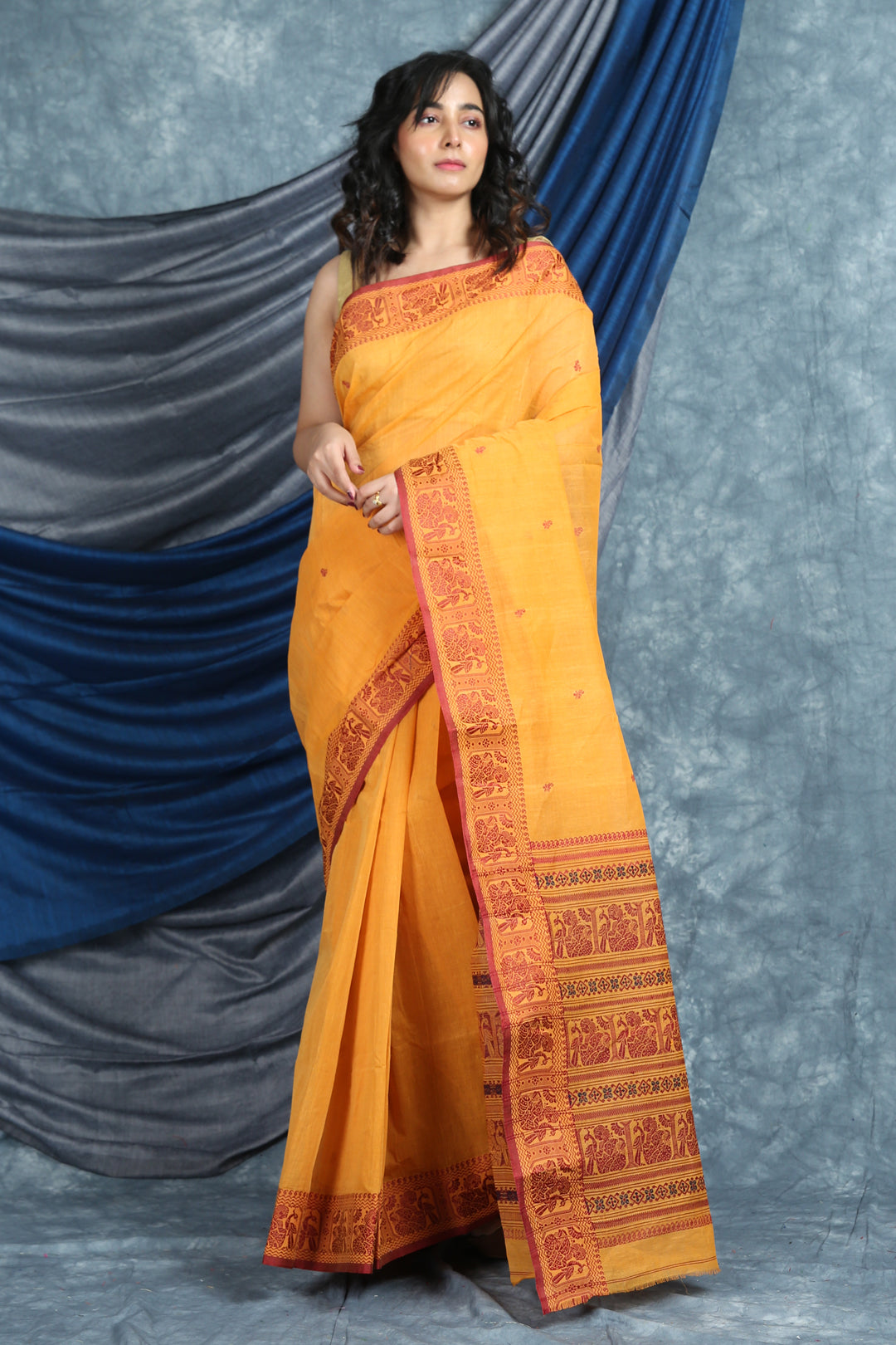 WoodenTant Women's Pure Cotton Tant Saree In Beige with Yellow Border