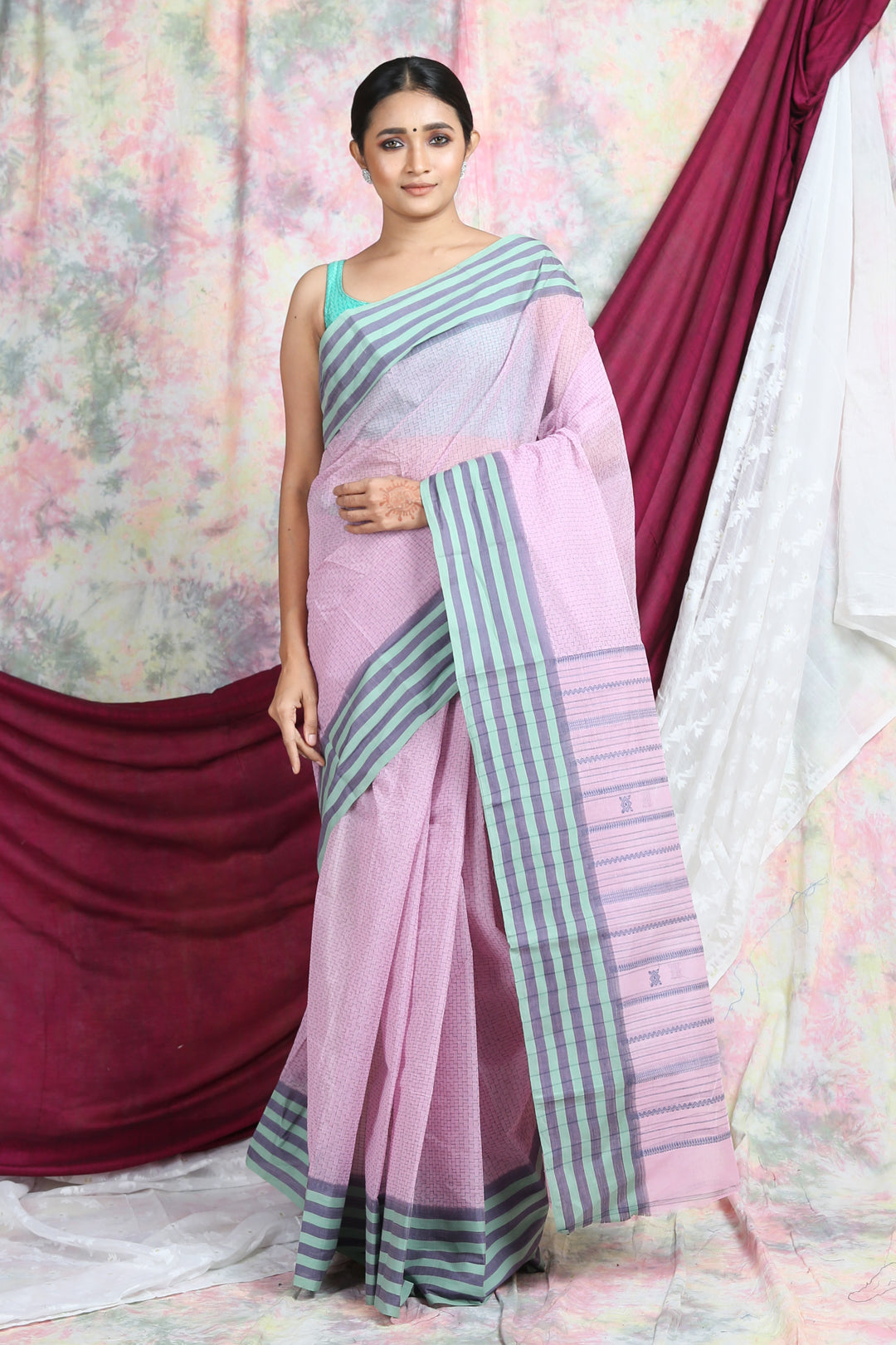 Buy Peach Handwoven Bengal Tant Cotton Saree (Without Blouse) 17155 |  www.maanacreation.com