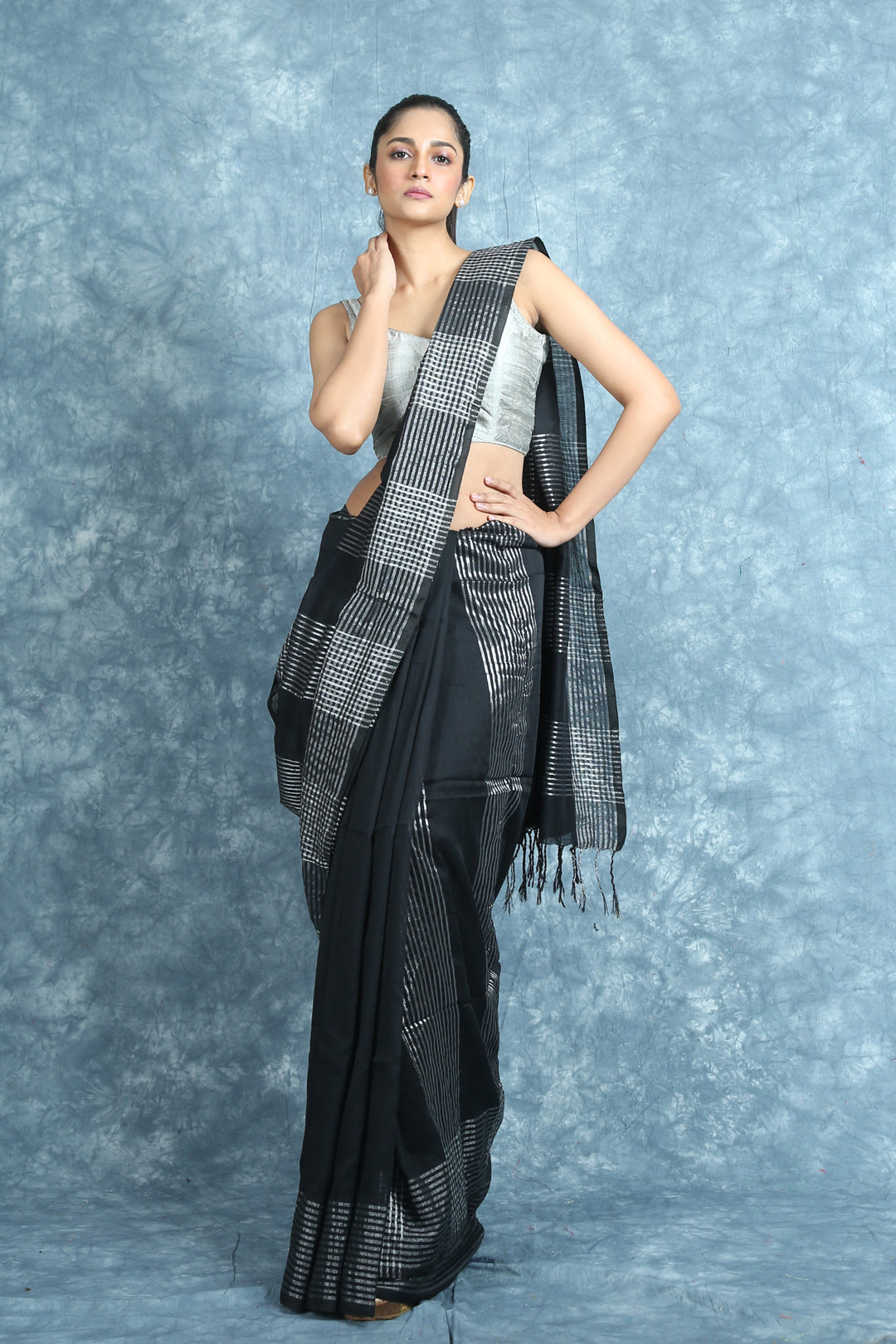 Black Blended Cotton Saree With Silver Zari Stripes