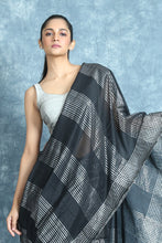 Load image into Gallery viewer, Black Blended Cotton Saree With Silver Zari Stripes
