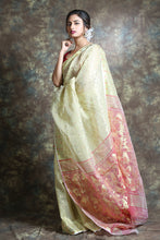 Load image into Gallery viewer, Olive Green Silk Cotton Handwoven Soft Saree With Allover Copper Zari Weaving

