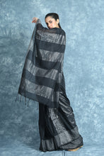 Load image into Gallery viewer, Black Blended Cotton Saree With Silver Zari Stripes
