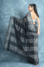 Load image into Gallery viewer, Black Blended Cotton Saree With Silver Zari Stripes
