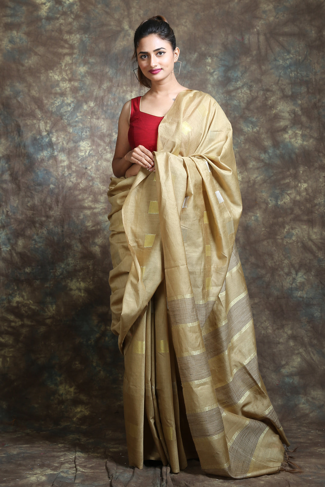 Beige Blended Silk Handwoven Soft Saree With Allover Zari Box Design