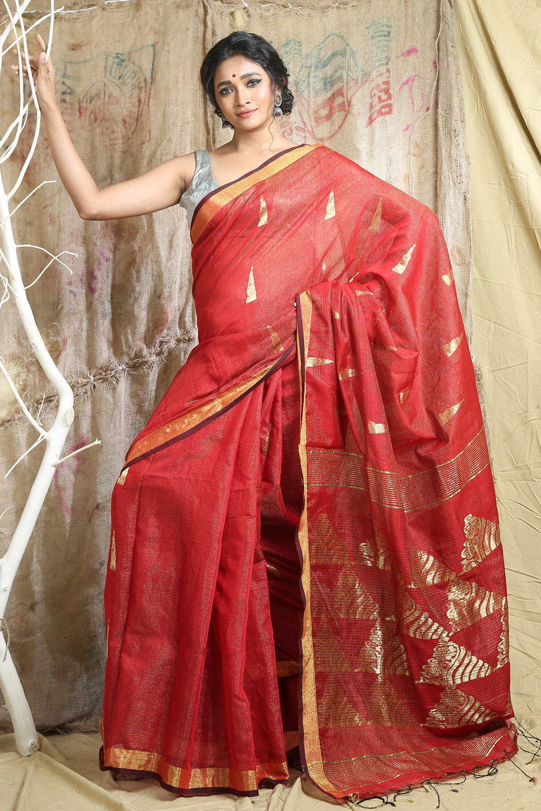 Red Cotton Tissue Handwoven Soft Saree With Allover Zari Woven