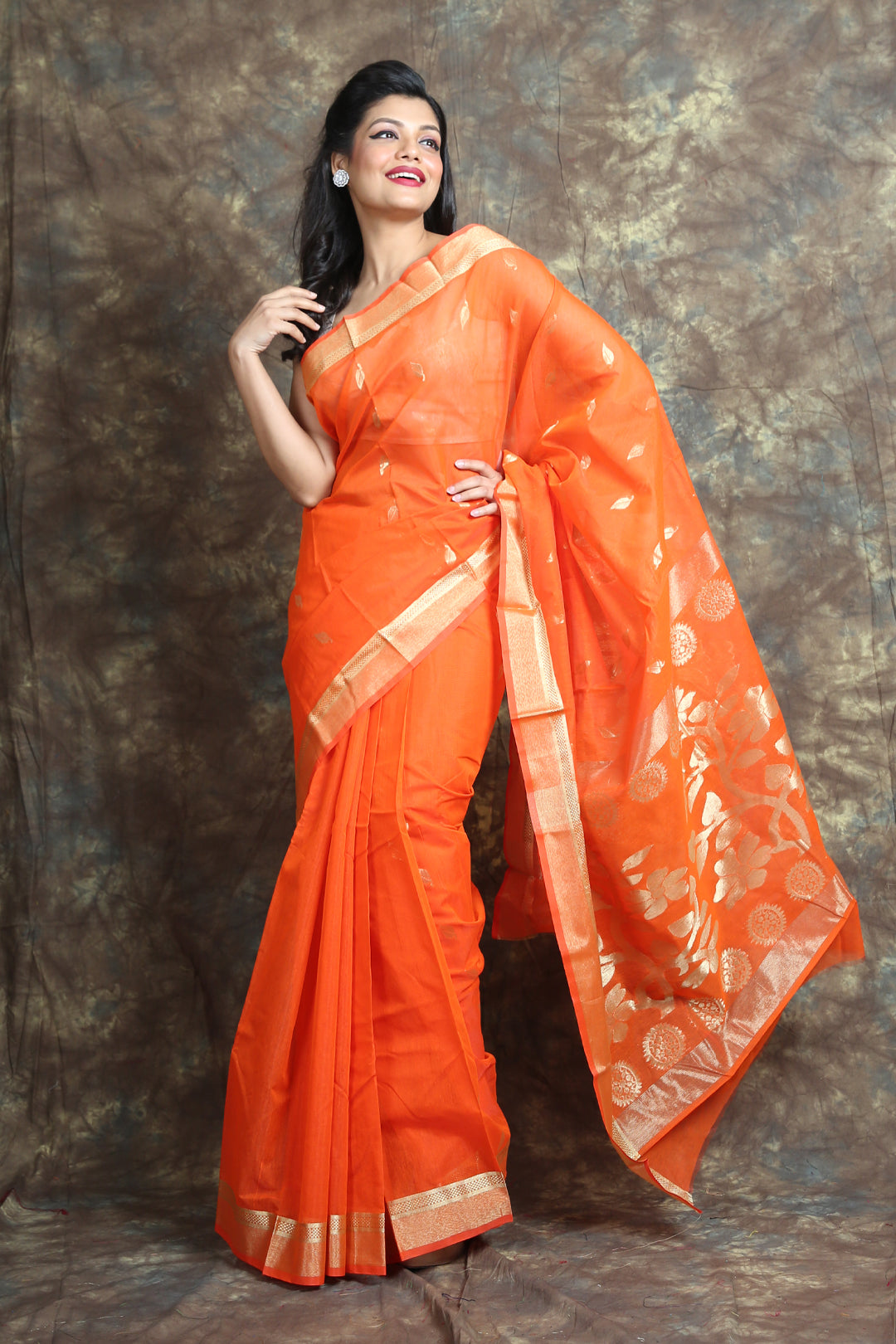 Orange Silk Cotton Handwoven Soft Saree With Zari Work