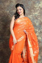 Load image into Gallery viewer, Orange Silk Cotton Handwoven Soft Saree With Zari Work
