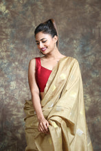Load image into Gallery viewer, Beige Blended Silk Handwoven Soft Saree With Allover Zari Box Design
