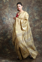 Load image into Gallery viewer, Beige Blended Silk Handwoven Soft Saree With Allover Zari Box Design
