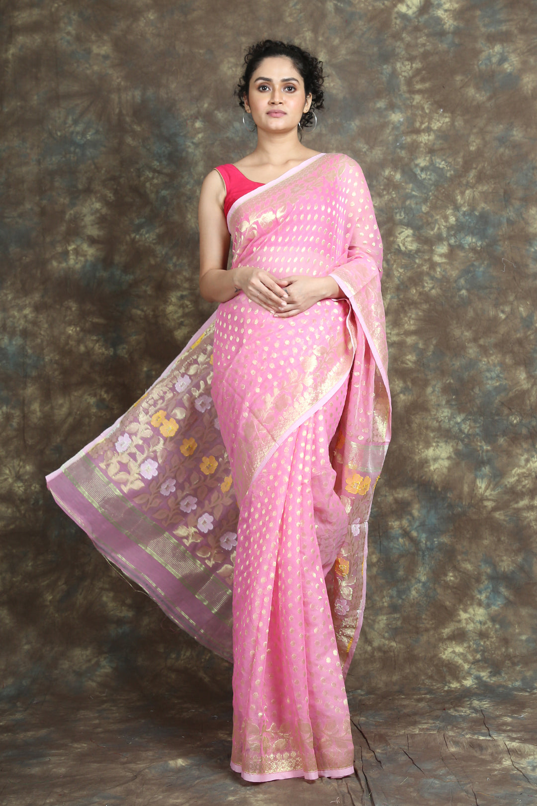 Pink Jamdani Saree With Allover Butta