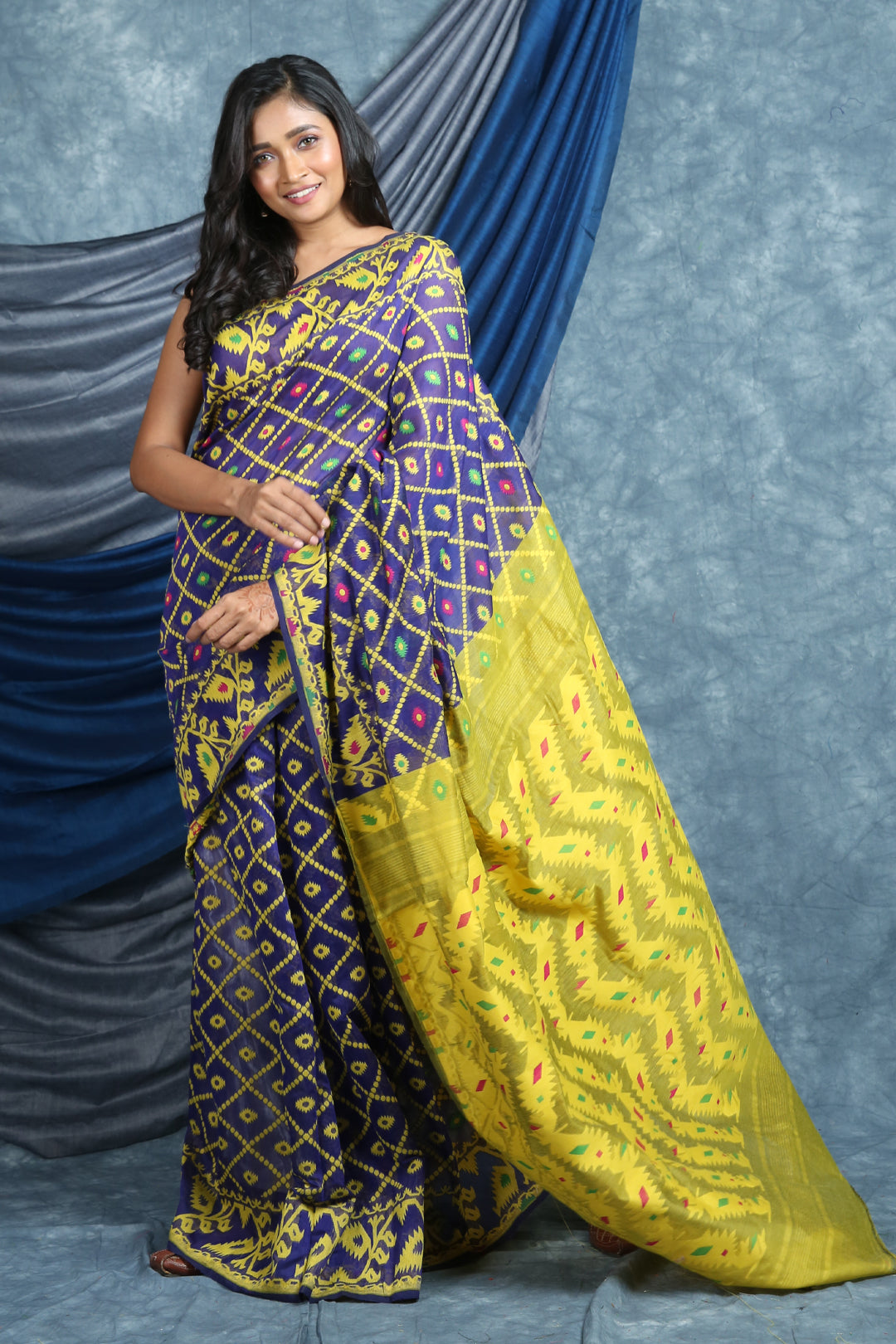 Blue & Yellow Allover Jamdani Saree