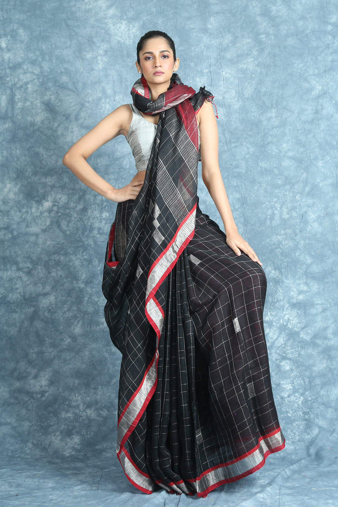 Checker Design Black Linen Saree