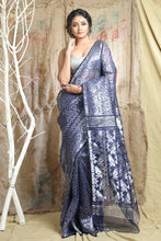Load image into Gallery viewer, Blue Silk Cotton Handwoven Soft Saree With Allover Copper Zari Weaving
