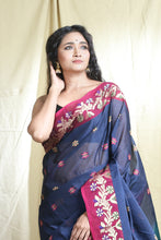Load image into Gallery viewer, Navy Blue Blended Cotton Handwoven Soft Saree With Allover Flower Butta
