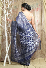 Load image into Gallery viewer, Blue Silk Cotton Handwoven Soft Saree With Allover Copper Zari Weaving
