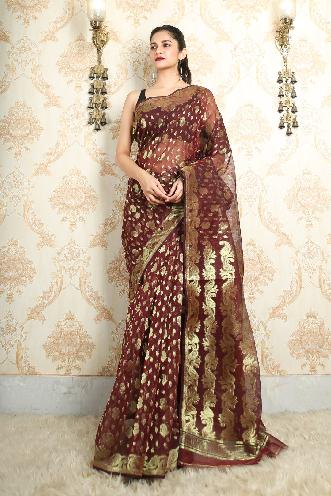 Maroon Jamdani Saree With Allover Golden Zari Weaving
