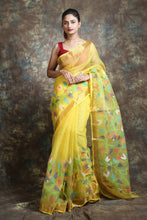 Load image into Gallery viewer, Light Yellow Muslin Handwoven Soft Saree With Sequen Work &amp; Zari Border
