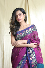 Load image into Gallery viewer, Magenta Blended Cotton Handwoven Soft Saree With Allover Flower Butta
