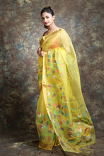 Load image into Gallery viewer, Light Yellow Muslin Handwoven Soft Saree With Sequen Work &amp; Zari Border
