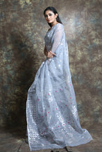 Load image into Gallery viewer, Silver Silk Cotton Handwoven Soft Saree With Allover Copper Zari Weaving
