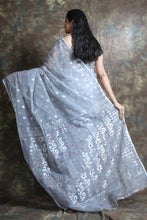 Load image into Gallery viewer, Silver Silk Cotton Handwoven Soft Saree With Allover Copper Zari Weaving
