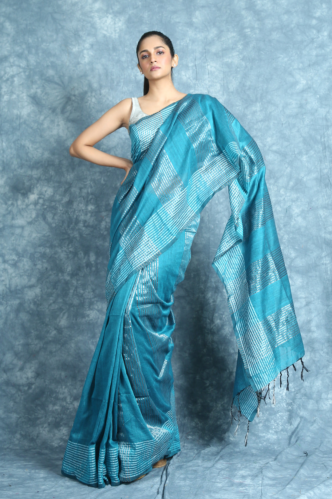 Teal Blended Cotton Saree With Silver Zari Stripes